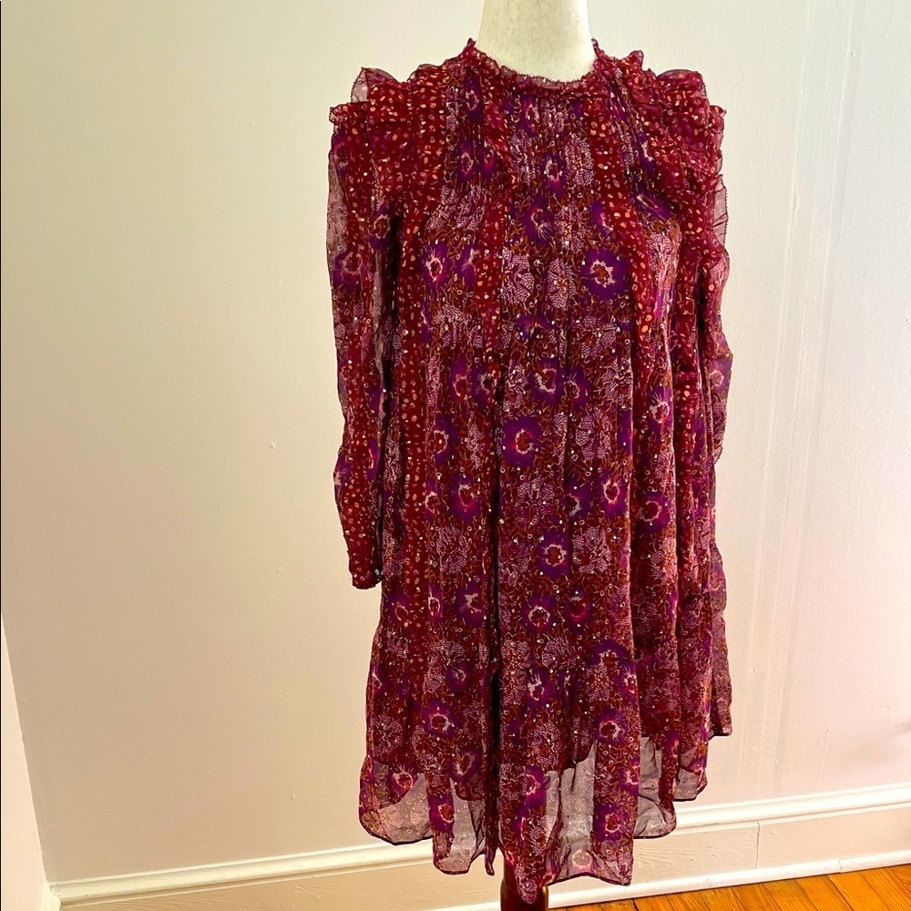 Ulla Johnson Girls Silk Lurex Dress XS - Red Floral Ruffle Boho Fall